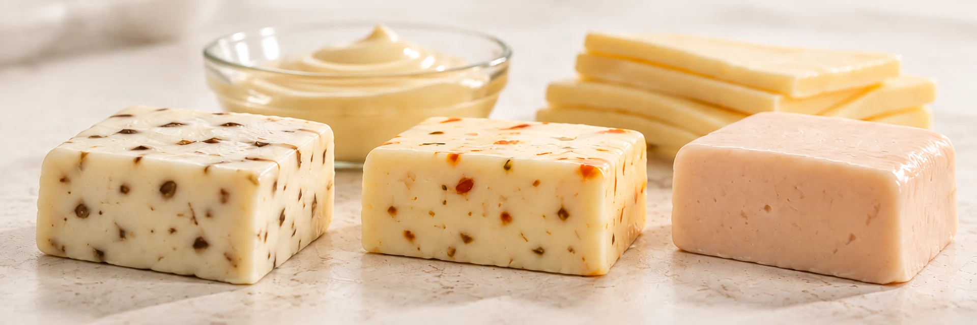 Три технологических образца сырной продукции с разными текстурами и включениями