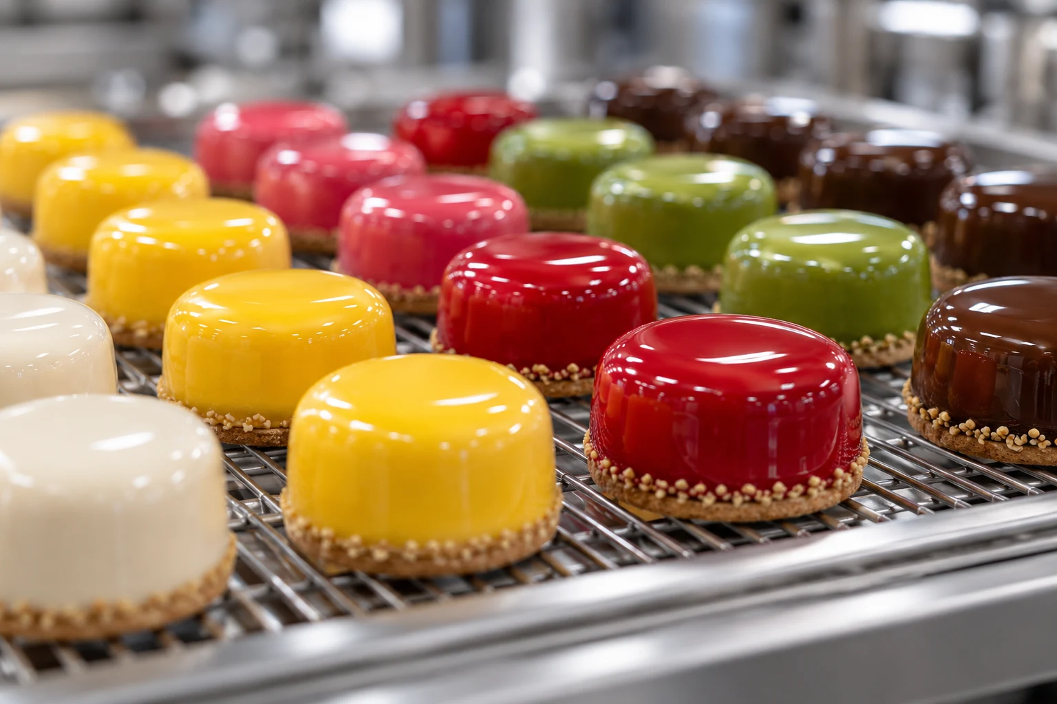 Confectionery с глянцевой глазурью разных цветов на промышленной решётке