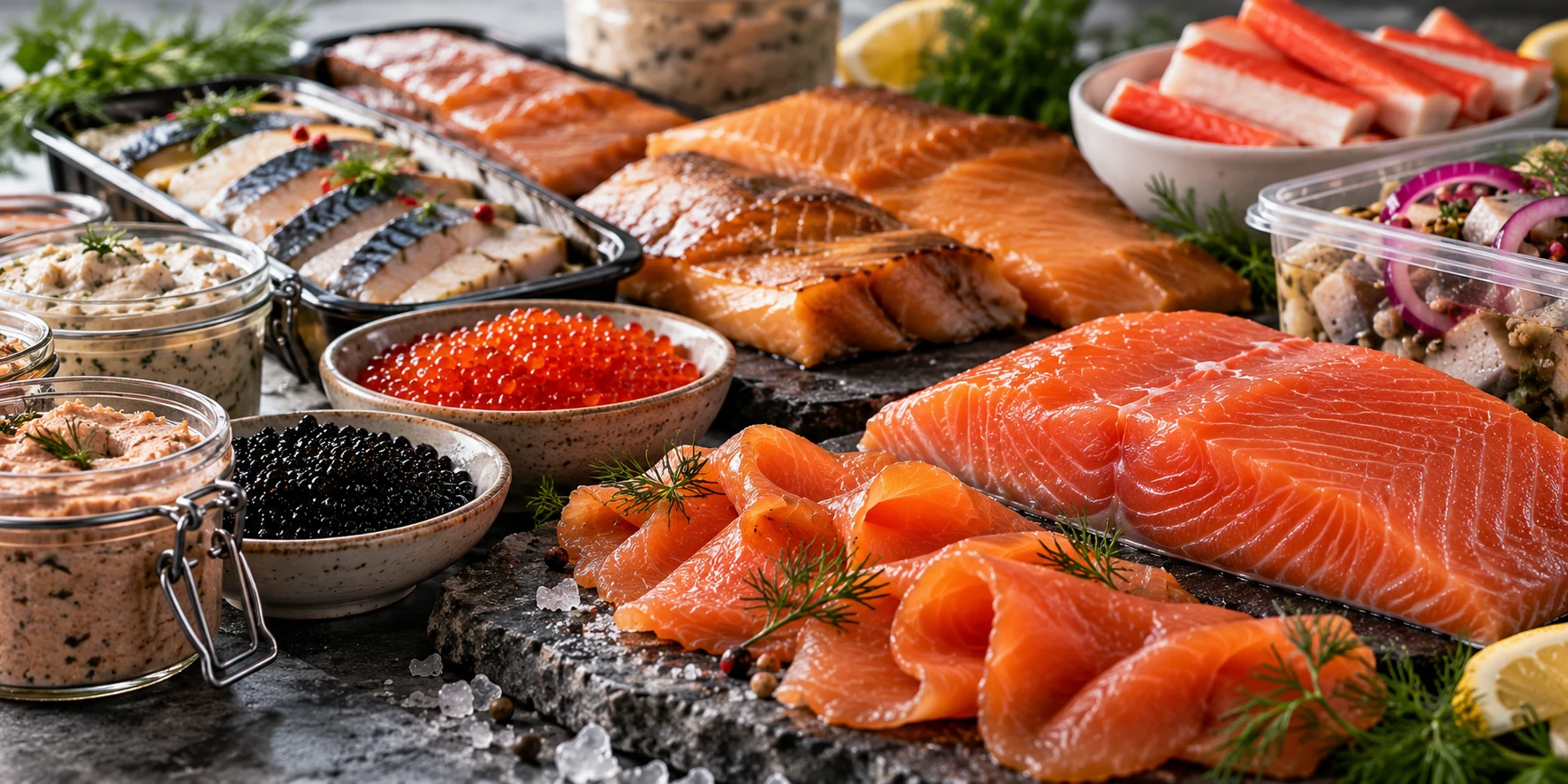Salmon, white fish and mackerel on ice