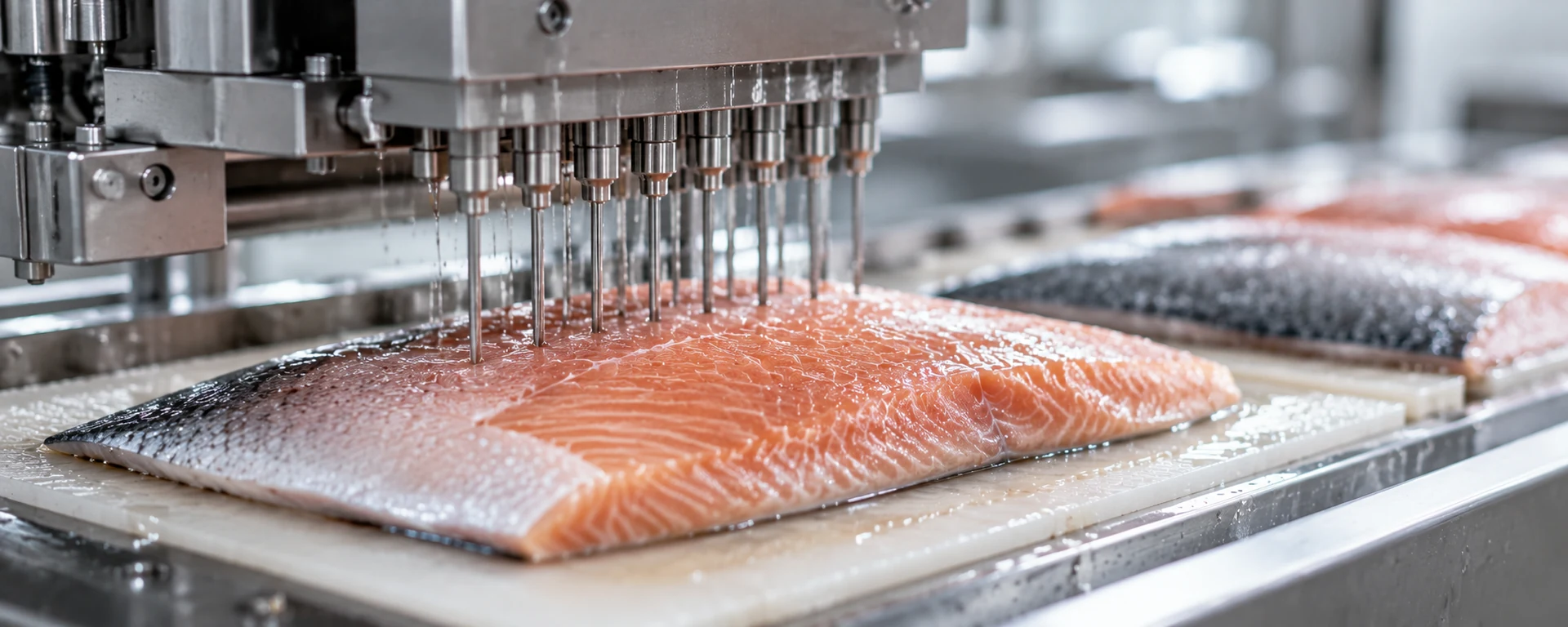 Fish fillet injection on a production line