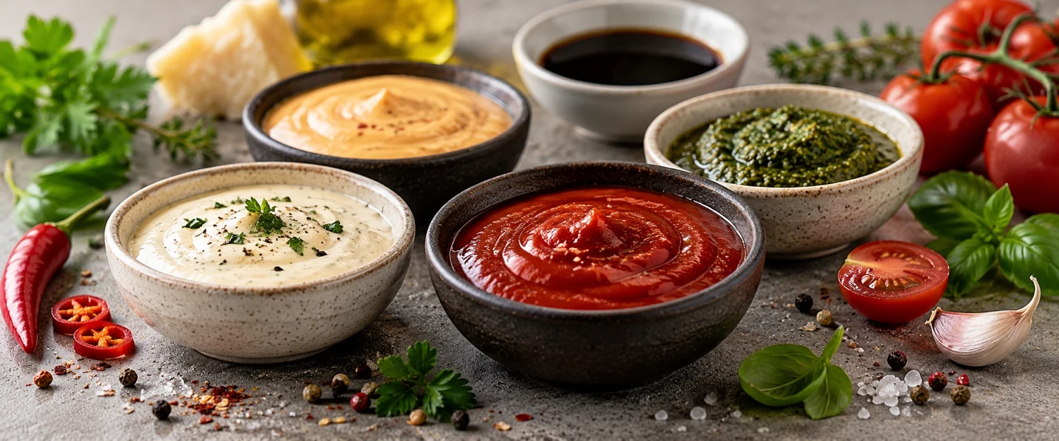 Five sauces in ceramic bowls