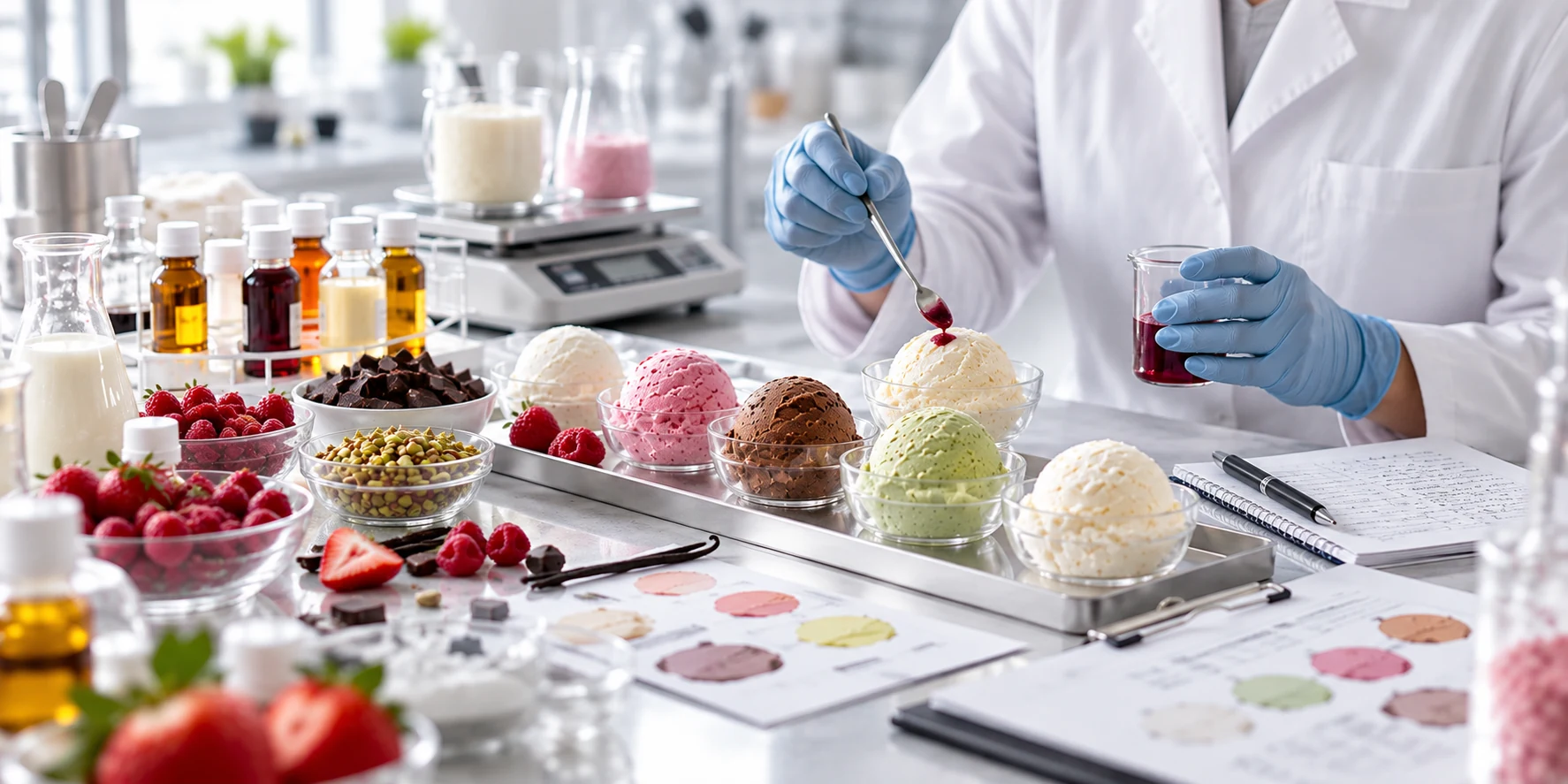Technologist testing ice cream formulations in a laboratory