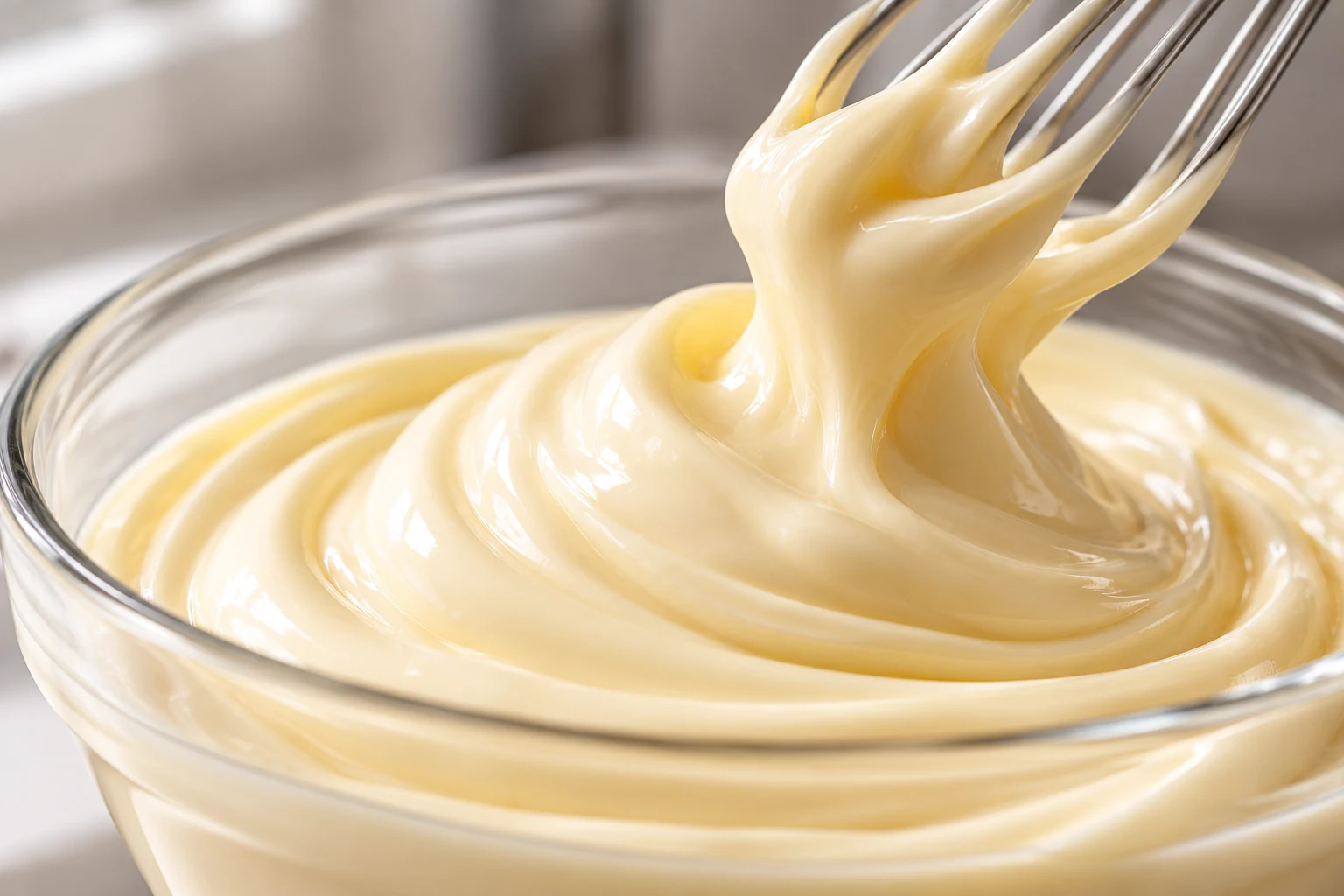 Thick pale emulsion on a whisk